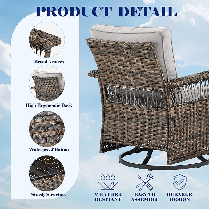 Outdoor Wicker Patio Furniture Set - 6 Piece Rattan Patio Conversation Sets with 2 Swivel Rocking Chairs,2 Ottomans,1 Sofa and 1 Coffee Table for Porch Deck Garden(Brown/Beige)