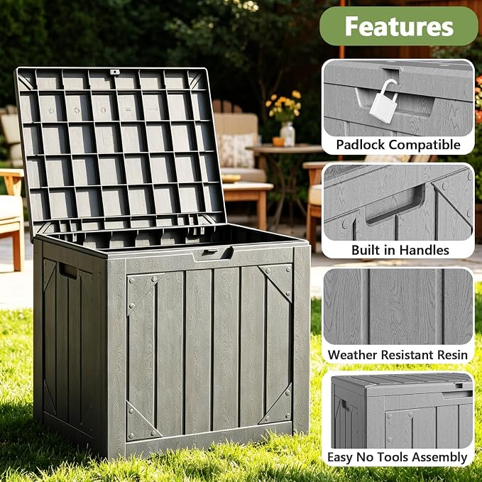 Outdoor Storage Box,30 Gallon Deck Box Outdoor Storage Bench Outside Waterproof Resin Storage Bench, Lockable Patio Cushions, Garden Tools Storage For Furniture, UV Resistant(Gray