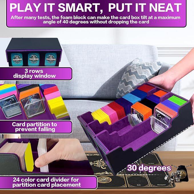 PROMAXIBINDER MTG Trading Card Storage Box with Playmat Fits 3000+ Cards, B-Row Commander Deck Case, 3 Display Windows, 6 Movable Partitions, 24 Dividers, for Magic/TCG/YuGiOh/Sport (Black&Purple)