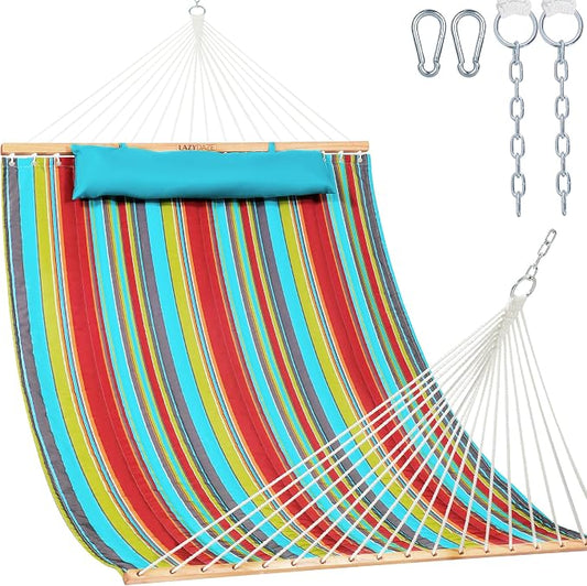 Lazy Daze Hammocks 12 FT Quilted Fabric Double Hammock with Spreader Bars and Detachable Pillow, 450lbs Weight Capacity