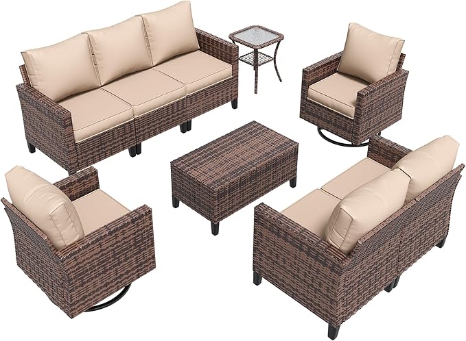 Amopatio Patio Furniture Set, 6-Piece Wicker Outdoor Sectional Sofa with Swivel Rocker Chairs, Rattan Conversation Set with Storage Coffee Table and Waterproof Cover for Backyard Brown/Khak