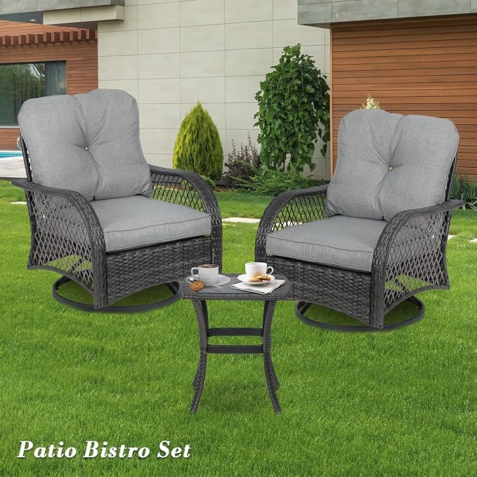 Athena Collection Swivel Patio Furniture Set, Outdoor Table and Chairs Set 3 Piece All Weather PE Rattan Conversation Set with Upholstered Seat and Backrest for Bistro, Garden, Backyard, Gray