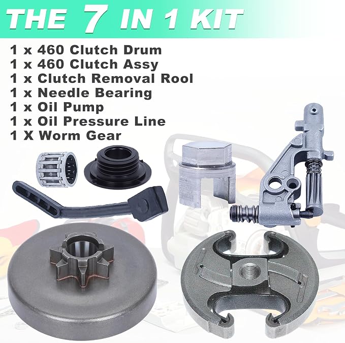 Adefol .325" 7T Clutch Drum Oil Pump Kit & Clutch Removal Tool for Husqvarna 455 460 Rancher Chainsaw with Oil Pump Pressure Line Worm Gear Replacement Parts for 537291702, 537110503