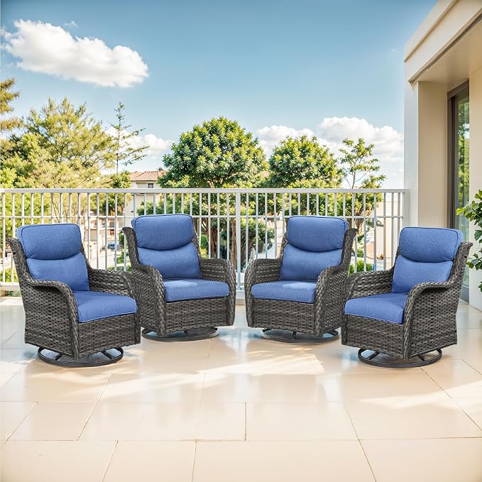 Outdoor Swivel Rocker Patio Chairs Set of 4-5" Thick Cushion 4 Piece Furniture Set All Weather Comfortable Wicker Conversation Set for Porch Poolside and Deck - Gray/Blue