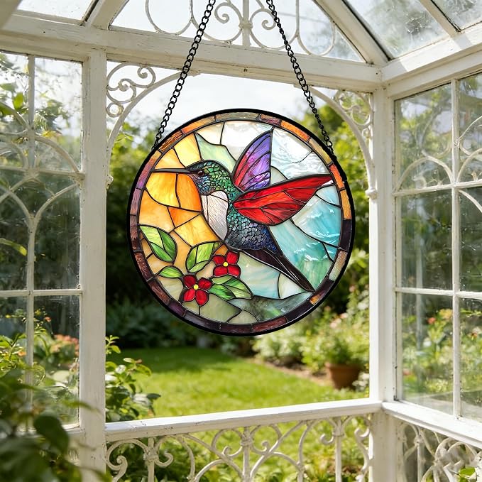 DASTOLL Stained Glass Window Hanging, Hummingbird Gifts Sun Catchers Diamond Glass Panel Hangings Birds Suncatcher Decor for Birthday for Women, Men, Wife, Aunt,and Mom 7.8X7.8IN