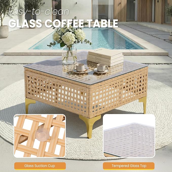 FHFO Patio Furniture Set, 7-Piece Wicker Patio Sectional Sofa Couch, Rattan Outdoor Conversation Set with Thick Cushion & Tempered Glass Coffee Table for Porch, Garden, Backyard (Yellow/Beige)