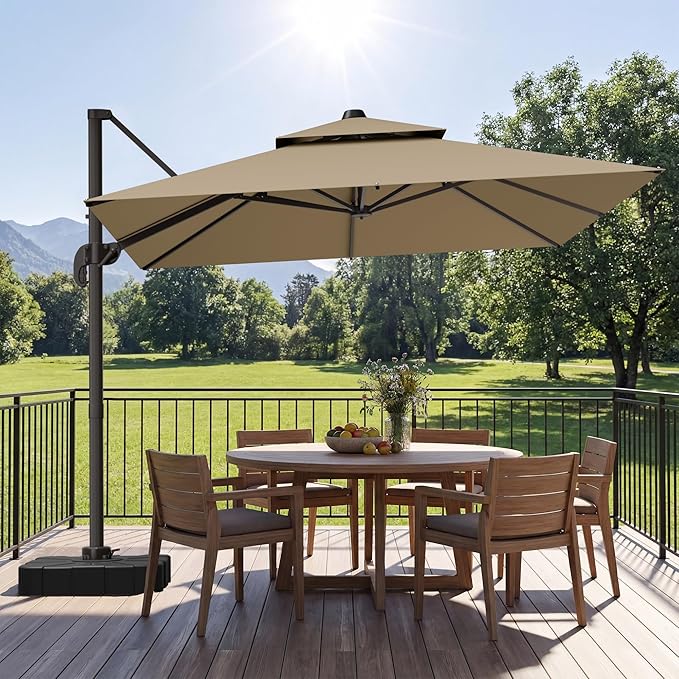 GENTEACO 10X10 FT Cantilever Umbrella with Base Included, Large Offset Patio Umbrella with Double Top, 6 Angle Tilts & 360° Rotation, Large Square Sun Umbrellas for Outdoor Pool Market, Tan