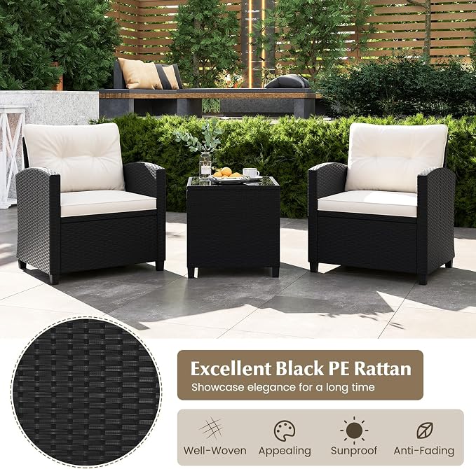 RELAX4LIFE 3-Piece Patio Furniture - Wicker Rattan Bistro Sofa Set w/Glass Top Coffee Table, Washable Cushions for Porch Balcony Backyard Poolside, Outdoor Conversation Set (Off White)