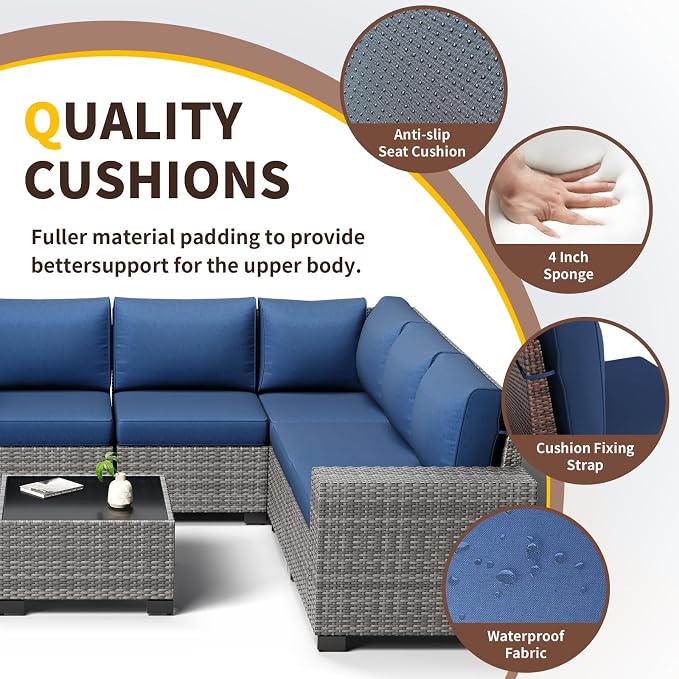 Outdoor Patio Furniture Set, 8‘’ Wide armrest Outdoor Sectional Rattan Sofa Set, Wicker Patio Furniture Sets w/Coffee Table,Thick Cushions and Cover for Porch, Balcony,8 PCS(Grey&Navy)