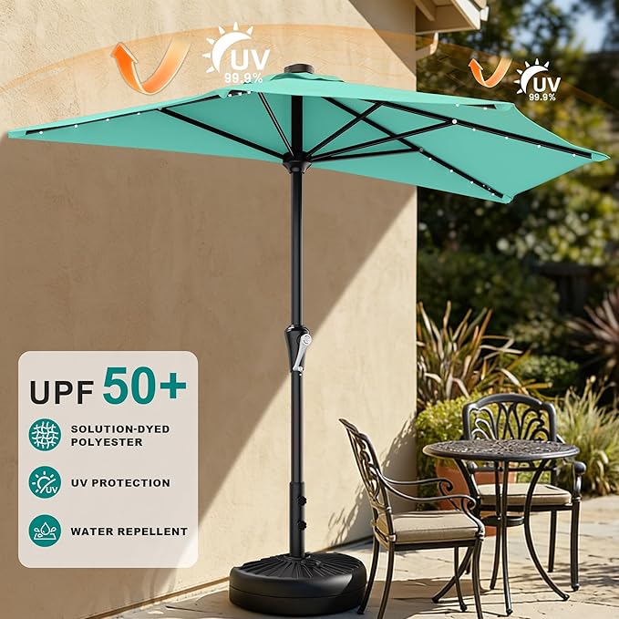 AreShark 9ft Patio Half Umbrellas with Solar Lights, 1/2 LED Half Outdoor Umbrella w/ 20 LED Lights, Lighted Table Wall Umbrella with Crank & 5 Sturdy Ribs for Market, Pool, Deck, Lawn and Garden, Teal Blue