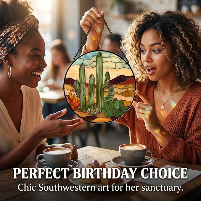 Birthday Gifts for Women - Desert Cactus Faux Stained Glass Window Hanging Sun Catcher for Door Garden Acrylic Home Decor Mother's Day Christmas for Mom Nana Friend Grandma Wife 6.3"
