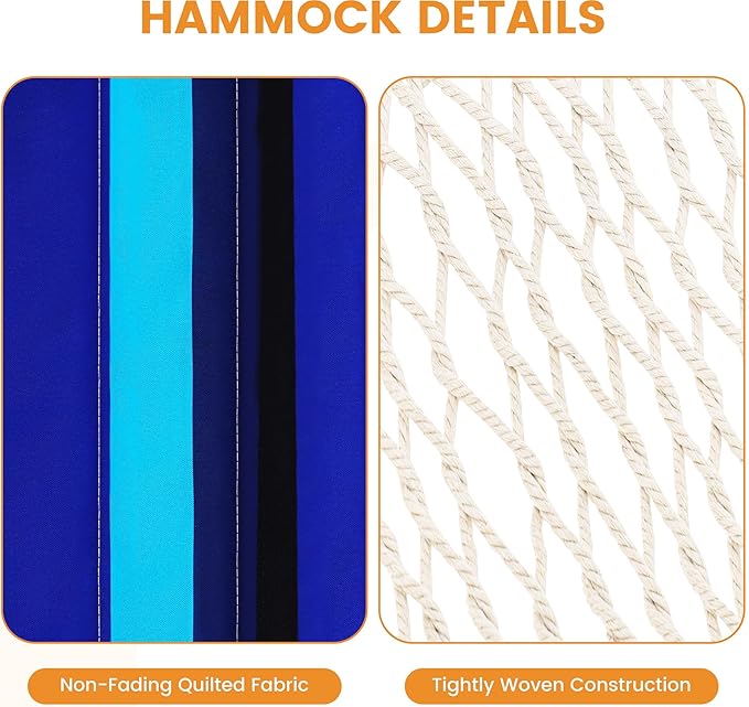 Lazy Daze Hammocks Rope Hammock with Pad, Spreader Bar, Carabiners, Tree Straps, Chains for Outside Patio- Max 450 Lbs, Navy Blue Stripes