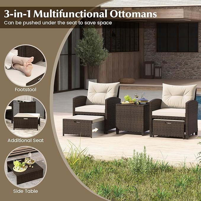 COSTWAY 5-Piece Rattan Conversation Set, Outdoor Sofa, Tempered Glass Coffee Table & Ottomans for Small Space, Boho Chic Indoor/Outdoor Furniture for Patio, Living Room & Apartment (Beige)