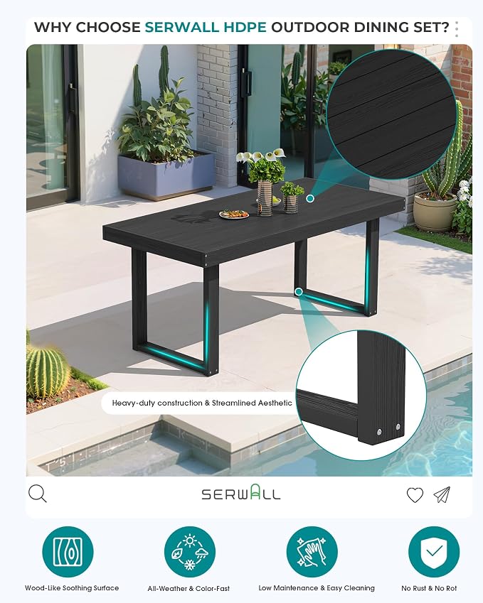 SERWALL HDPE Outdoor Dining Set for 4, 67'' Patio Table and Chairs Set | with Armless Seat