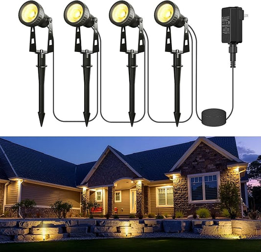 Zuske Outdoor Landscape Lighting, 4-Pack Outdoor Spot Lights with Transformer, Plug in LED Spot Lights for Garden, Yard, Backyard, Plants, Lawn, Trees, House, Flags, IP65 Waterproof – Warm White