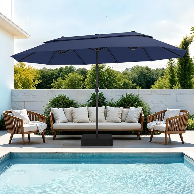 PHI VILLA 15ft Large Patio Umbrellas with Base Included, 2-Tier Outdoor Double-Sided Rectangle Market Umbrella with Stand, Outside Umbrellas for Poolside Lawn Backyard, Blue