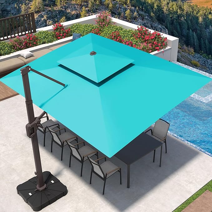 9' X 12' Patio Umbrella with Weighted Base and LED Lights Outdoor Cantilever Large Rectangle Offset Umbrellas Heavy Duty Aluminum Double Top with 360-degree Rotation for Pool Garden Deck, Turquoise