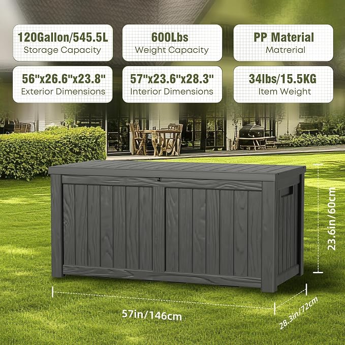 Resin Deck Box, Lockable Patio Outdoor Storage Box for Furniture, Garden Tools and Tools Storage, Waterproof Outside Storage Boxes (Black, 120 Gallon)