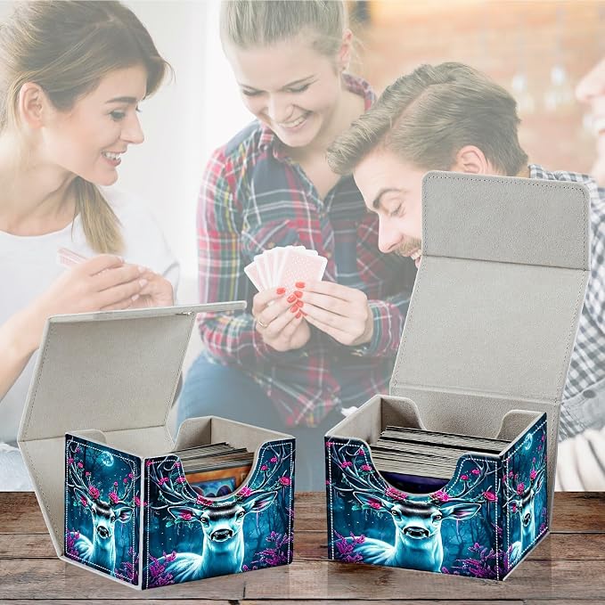 Card Deck Box for MTG, Cards Storage Box Fits 120+ Sleeved, Leather Small Size Strong Magnetic Closing Card Case for Board Games Magic TCG CCG Baseball Collection, Forest Flowers Deer