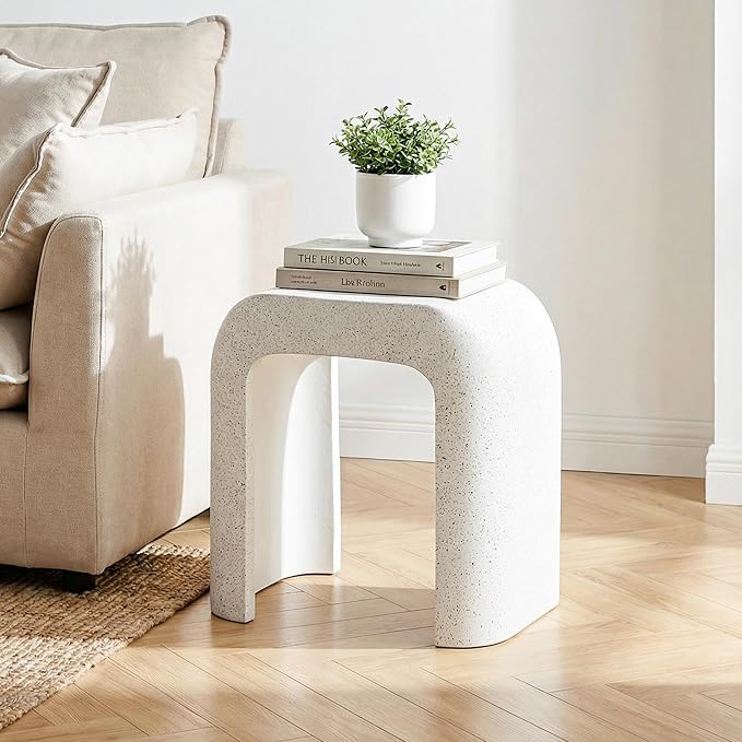 HOMPUS Outdoor Side Table, Concrete End Table w U-Shaped, Round Patio MgO Coffee End Table, Modern Accent Stone Garden Stool for Indoor Outdoor Use, Spotted White