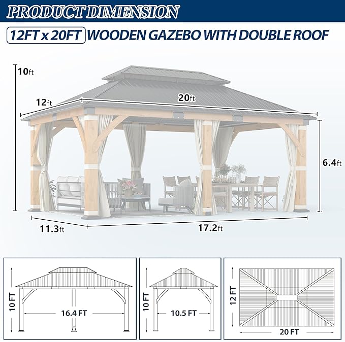 COVERONICS 12FT x 20FT Outdoor Spruce Wood Gazebo - Patio Wooden Frame Gazebo with Galvanized Steel Double Roof, Heavy-Duty Hardtop Gazebos with Netting & Curtains for Garden, Poolside, Deck, Backyard