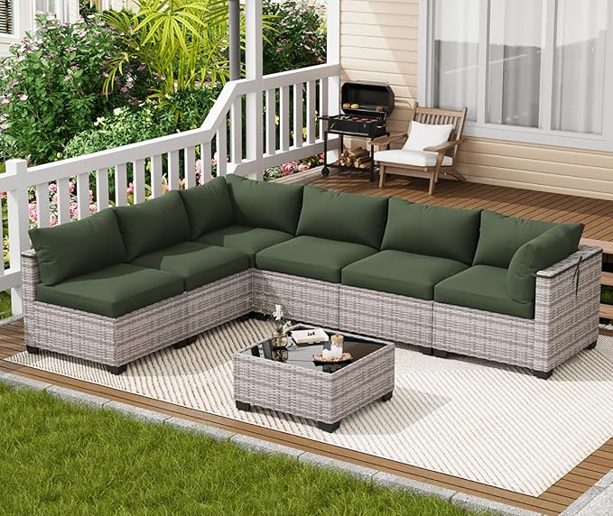 LOUVIXA 7 Piece Outdoor Patio Furniture Set, Outdoor Sectional Sofa, Wicker Rattan Patio Furniture, Patio Conversation Set with Coffee Table & Cushions