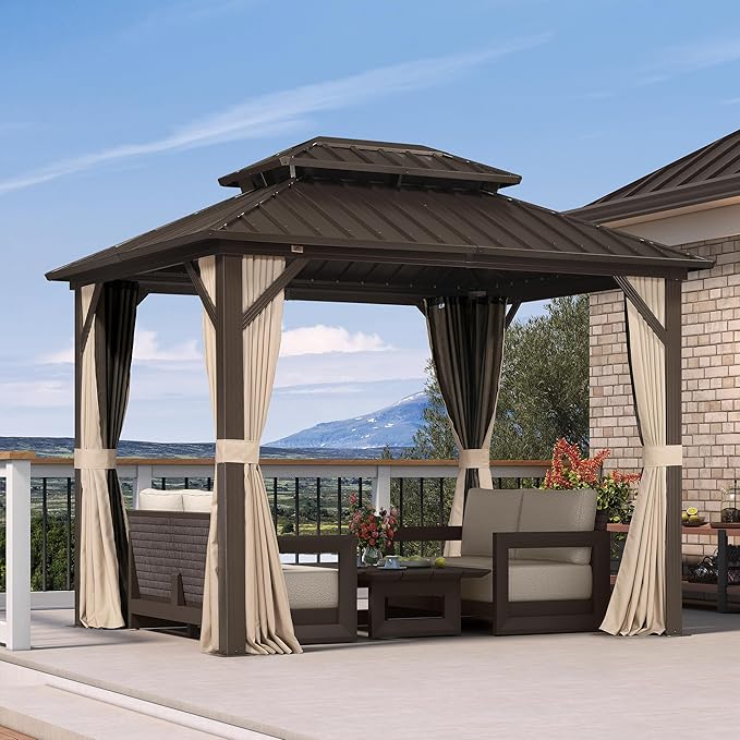 PURPLE LEAF 8’ X 10’ Outdoor Hardtop Gazebo Metal Frame Galvanized Steel Double Roof with Curtains and Nettings for Patio Desk Backyard Bronze