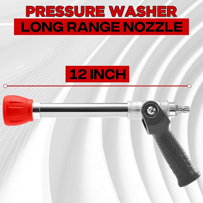 Adjustable Pressure Washer Long Range Nozzle - 2 Mode Shooter Tip with 12" Stainless Steel Lance, 1/4" Quick Connect, Power Washer High Reach Spray Nozzle