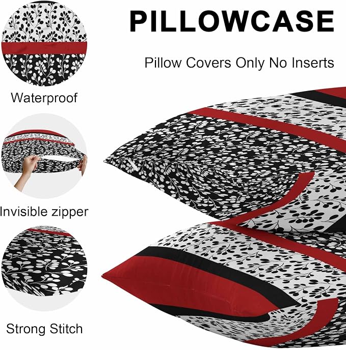 Black Red Outdoor Pillow Covers 18x18 Inch Throw Pillow Covers Set of 2 Waterproof Decorative Pillow Cases Garden Floral Stripe Aesthetic Flower Boho Cushion Covers for Patio Furniture Garden Couch