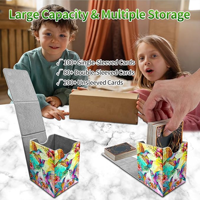 Deck Box for MTG, Cards Storage Box Fits 120+ Sleeved, Leather Medium Size Strong Magnetic Closing Card Case for Board Games Magic TCG CCG Baseball Collection, Four Birds Flowers