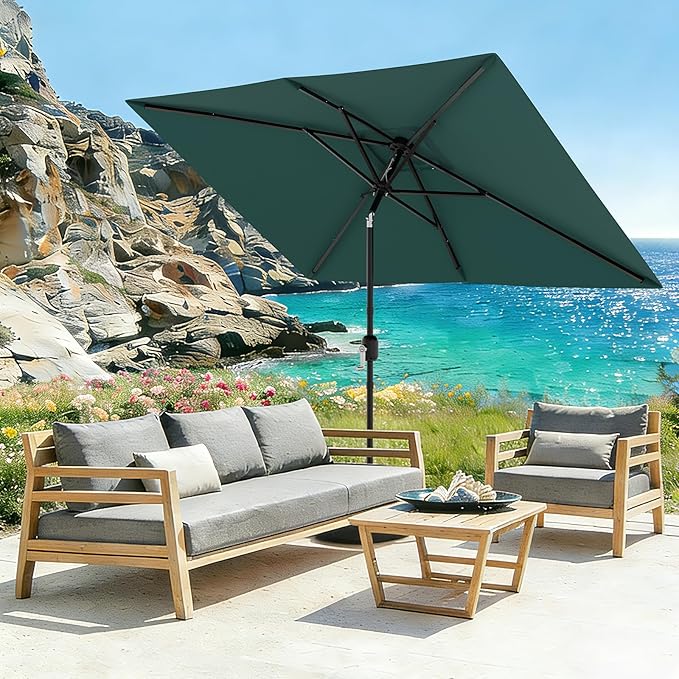 Garvee 10' x 6.5' Rectangular Patio Umbrella, Outdoor Table Umbrella with Crank and Push Button Tilt, Market Umbrella Sun Umbrella with 6 Sturdy Ribs Tilt for Garden, Deck, Lawn, Pool -Turquoise