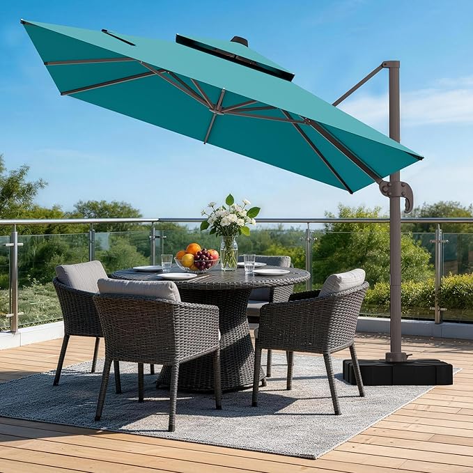 HASLE OUTFITTERS 9x12 FT Patio Cantilever Umbrella, Outdoor Offset Large Rectangular Heavy Duty Double Top Umbrellas with 360° Rotation for Pool Garden Deck，Turquoise