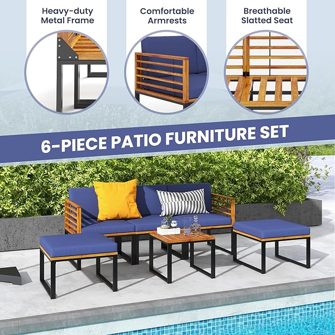 Tangkula 6 Pieces Acacia Wood Patio Furniture Set, Outdoor Sectional Conversation Sofa Set with Cushions, Coffee Table and Ottomans, Metal Frame Patio Sofas for Garden, Poolside, Backyard, Navy