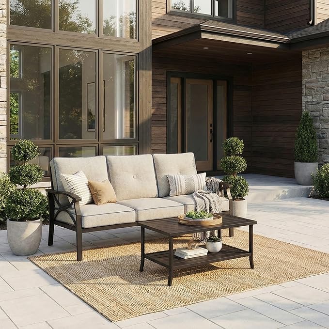 RoyalCraft Outdoor Patio Furniture Set, 2 Piece Patio Conversation Set, Metal Furniture Set with 3 seat Sofa for Porch Backyard, Black Metal Chair with Gray Cushions