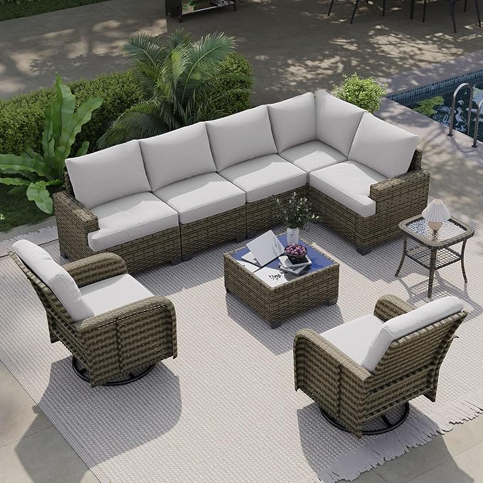 LazySunsets Luxury Patio Furniture Set，All-Weather Patio Sectional Sofas with Thickened Cushions, 9 Piece Outdoor Furniture Sectional Set with Swivel Rocker Chairs of 2，Grey