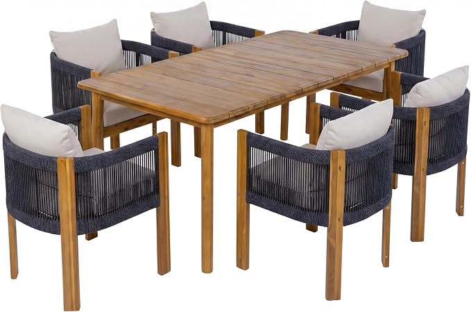 Christopher Knight Home Matera Acacia Wood Outdoor Dining Set for 6, 7 Piece Patio Dining Table and Chair Set, Wooden Outdoor Dining Armchair and Table Set with Cushion, Black+Teak+Sand