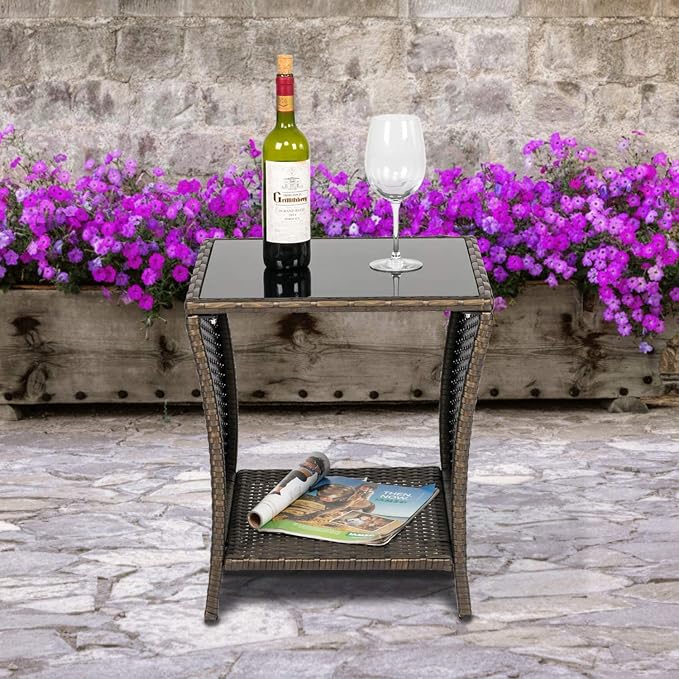 Kinfant Wicker Rattan Coffee Table - Square Tempered Glass Top Furniture with Storage for Outdoor Backyard Lawn Balcony Pool Patio