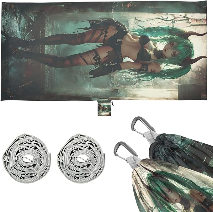 Green - Haired Demon Girl Art Outdoor Hammocks Foldable Swing Hammock for Camping & Hiking Essential