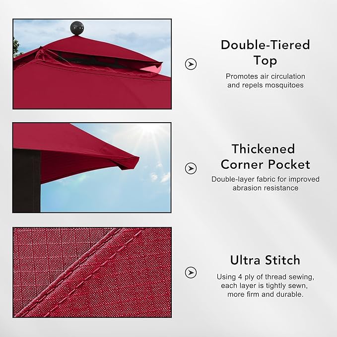 MASTERCANOPY Replacement Canopy Top for Lowe's Allen Roth 10x12 Gazebo #GF-12S004B-1 (Burgundy Plaid,Riplock Material)