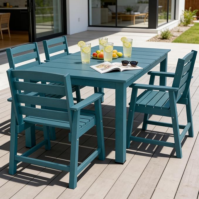 PLUUV 5-Piece Patio Dining Set, Hdpe Outdoor Patio Furniture Set with Aluminum Table Legs & Umbrella Hole, All-Weather Resistant Patio Table Set for Garden, Backyard, 4 Chairs & 1 Table, Navy Blue