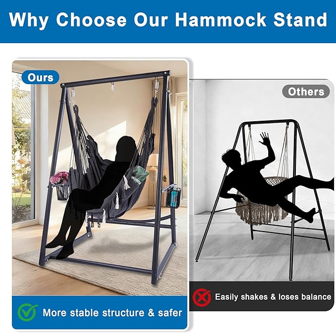 Hammock Chair with Stand Hanging Rope Swing Chair, Heavy-Duty Steel Max 350 LBS Capacity for Indoor Outdoor Patio Garden Balcony (Black)