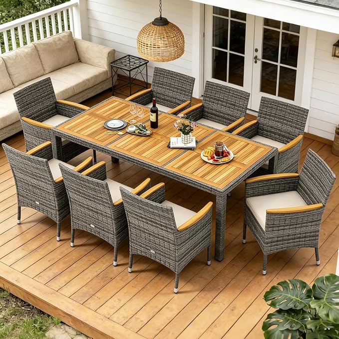 COSTWAY 9-Piece Patio Dining Set for 8, Outdoor Rattan Wicker Table and Chairs Furniture Set with Umbrella Hole, Acacia Wood Tabletop for Backyard, Balcony, Poolside, Grey & White
