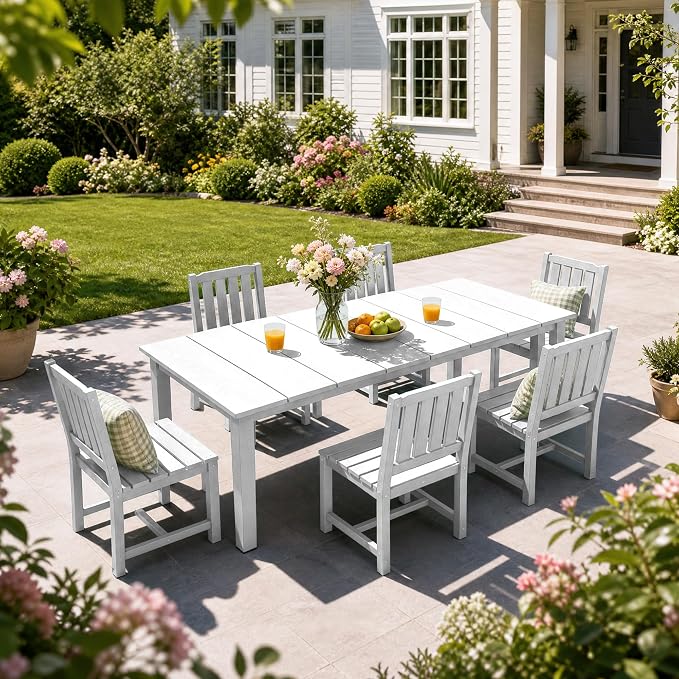 PLUUV 7-Piece Outdoor Dining Set – HDPE Patio Furniture with Umbrella Hole Table, Aluminum Legs, and 6 Armless Chairs, Weatherproof & Easy-Clean for Backyard, Garden, White