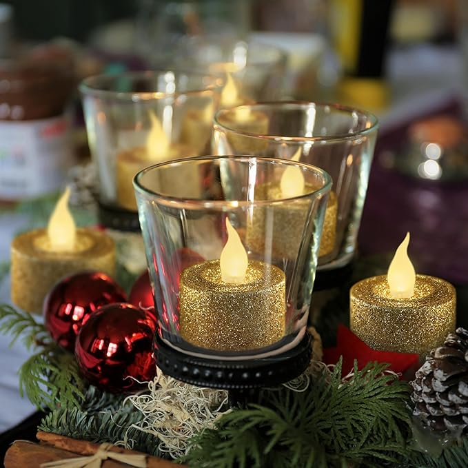 FURORA LIGHTING Gold Glitter LED Tealight Candles Pack of 12, Flameless Flickering Tealight Candles for Home Décor, 1.5’’(W) x 1.65’’(H), Battery Operated
