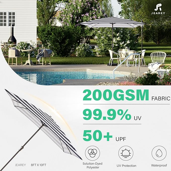 JEAREY 8x10 ft Rectangular Patio Umbrellas Outdoor Table Market Umbrella w/Crank, 8 Sturdy Ribs, UV Protection Windproof Sunproof for Garden, Deck, Backyard, Pool(Black Striped)