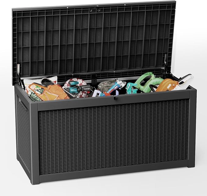 310 Gallon Lockable Outdoor Storage Box – Waterproof Resin Deck Box for Patio Furniture, Garden Tools, Pool Accessories (Black)