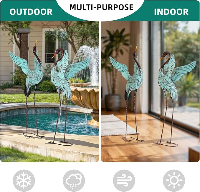47.5" Blue Heron Decor, Metal Crane Statue Handcrafted | Extra-Large Metal Garden Bird Animal Yard Art, Stable U-Ground Stakes, Backyard Decoration for Lawn