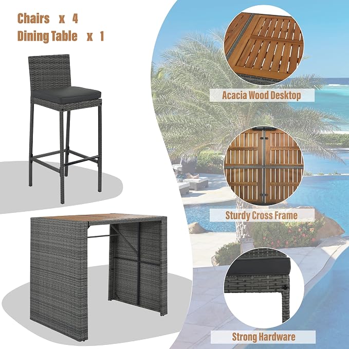 WILLIAMSPACE Patio Bar Table Set of 5, Outdoor Wicker Height Bar Table & 4 Chairs with Cushions & Wood Tabletop, Bistro Set for Backyards Porches (Brown+Grey)