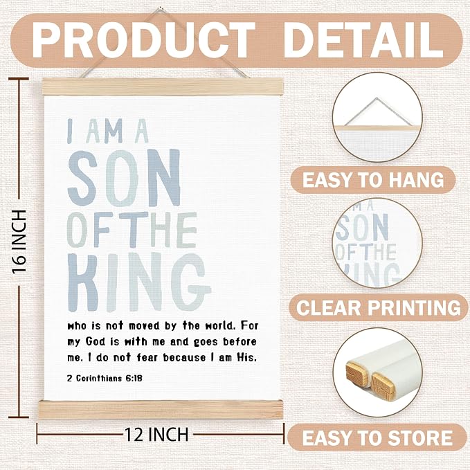 FDHSPAAM Christian Nursery Wall Art Decor, Church Nursery Decor, I Am a Son of the King Bible Verse Wall Art Posters for Boys Bedroom Playroom, 12x16 Inch