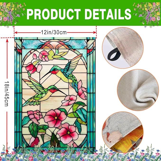 Spring Summer Hummingbird Garden Flag 12x18 Inch Double Sided, Stained Glass Floral Garden Flag for Outside, Colorful Flower Yard Flag Seasonal Outdoor Farmhouse Decor